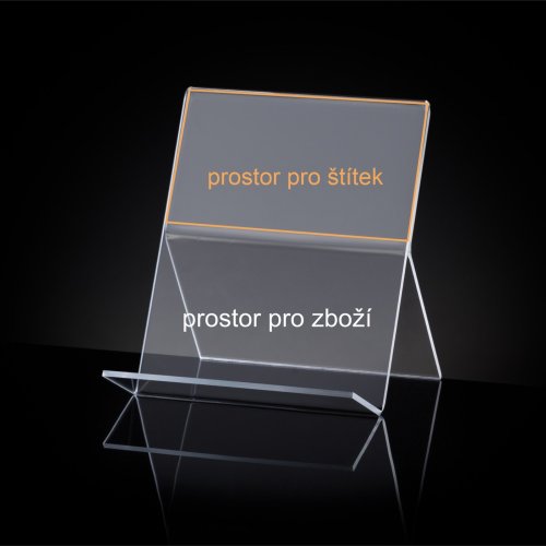 Plexi stand for electronics and mobile phones with the possibility of inserting a label with a label. Stand type AKR-S57