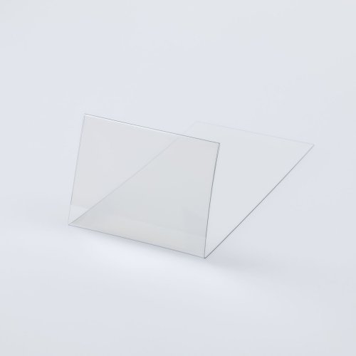Stand made of transparent plastic for inserting a price tag - type PVC-S1-2- extended.The stand has an extended base.