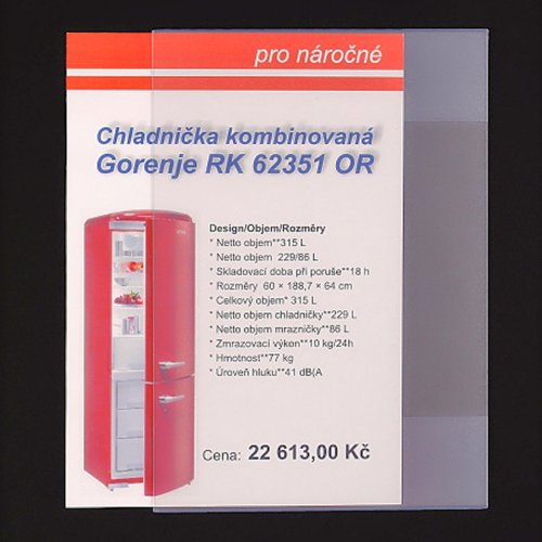 Plastová kapsa na leták. Na obrázku je typ PVC-K1-A6-V-MAT. Orientace vertikální (na výšku)