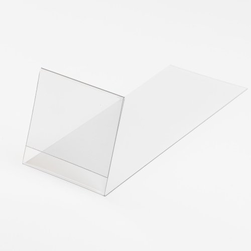 Stand made of transparent plastic for inserting a price tag - type PVC-S1-2- extended.The stand has an extended base.